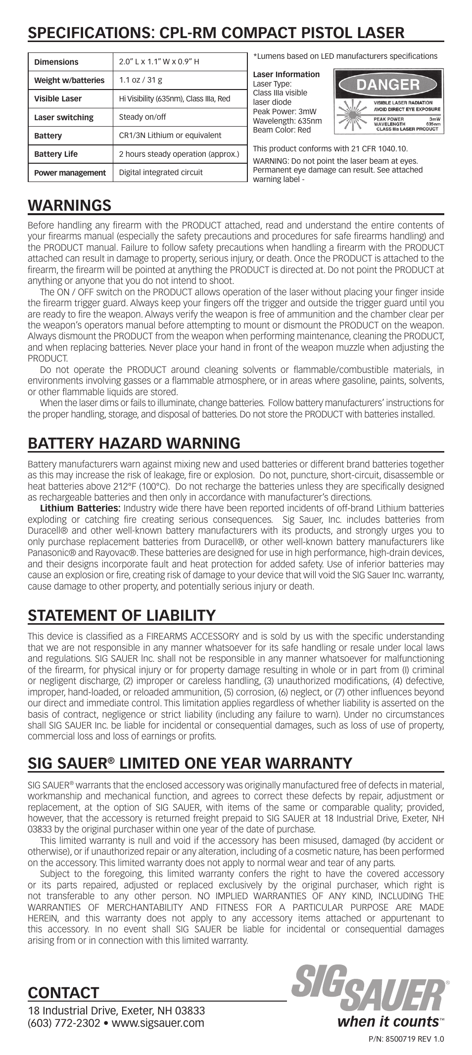 Specifications: cpl-rm compact pistol laser, Contact, Warnings | Sig sauer, Limited one year warranty, Statement of liability, Battery hazard warning | SIG SAUER CPL-RM Compact Pistol Laser User Manual | Page 2 / 2