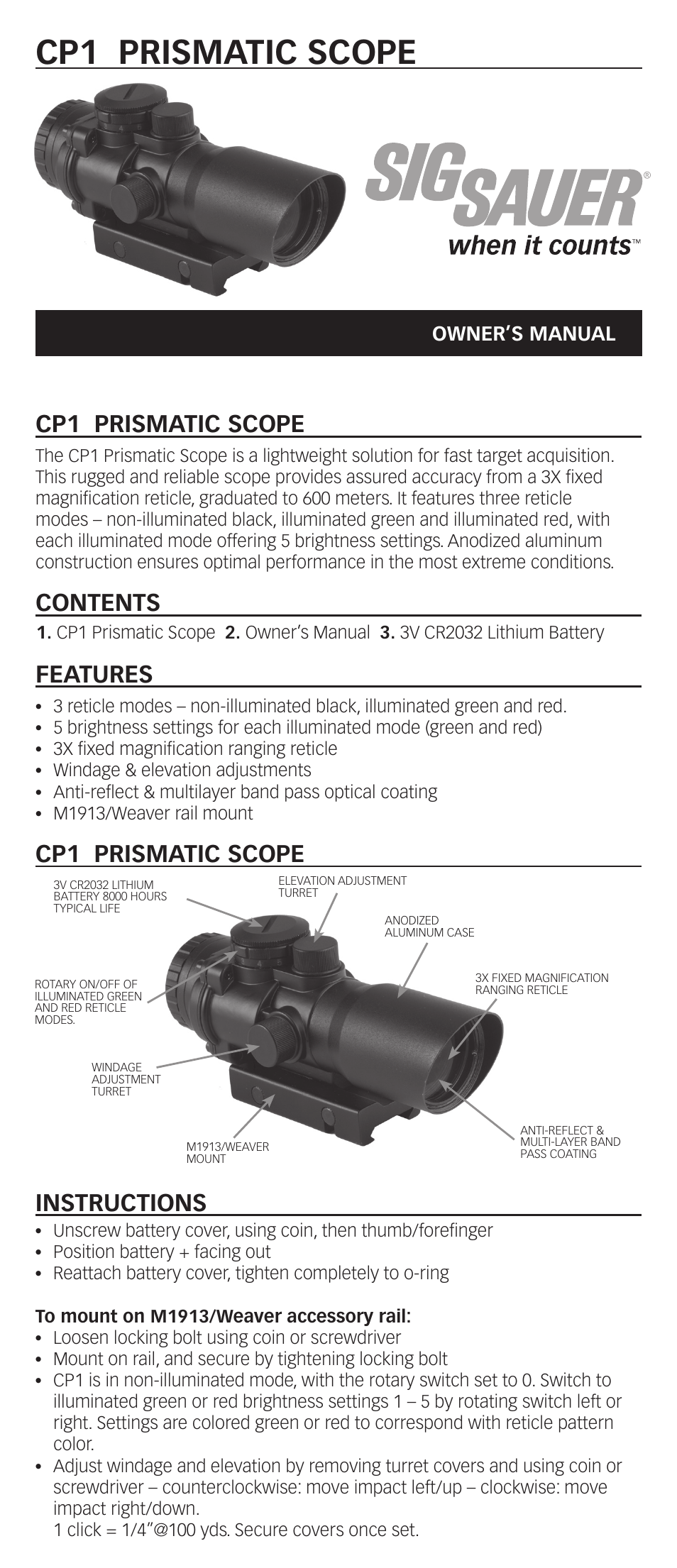 SIG SAUER CP1 Prismatic Scope User Manual | 2 pages