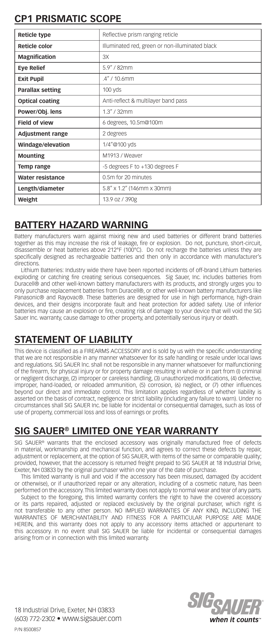 Sig sauer, Limited one year warranty, Statement of liability | Battery hazard warning, Cp1 prismatic scope | SIG SAUER CP1 Prismatic Scope User Manual | Page 2 / 2