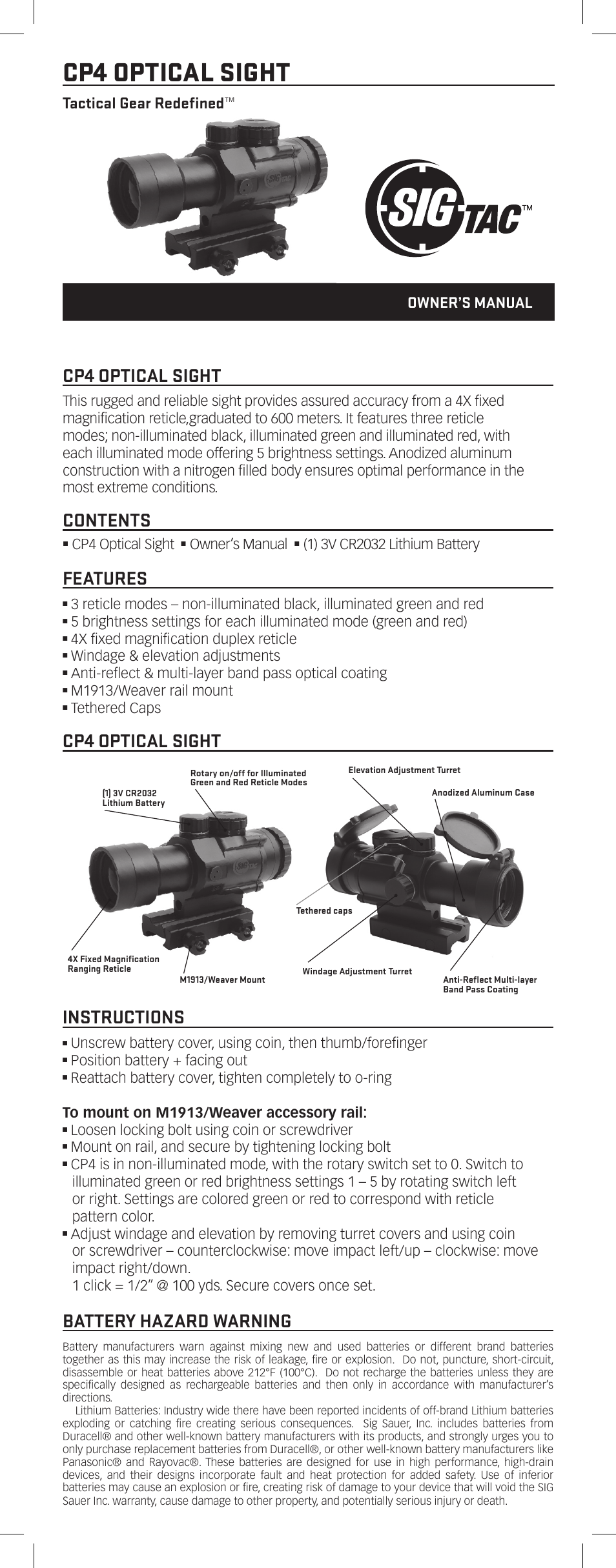 SIG SAUER CP4 Prismatic Scope User Manual | 2 pages