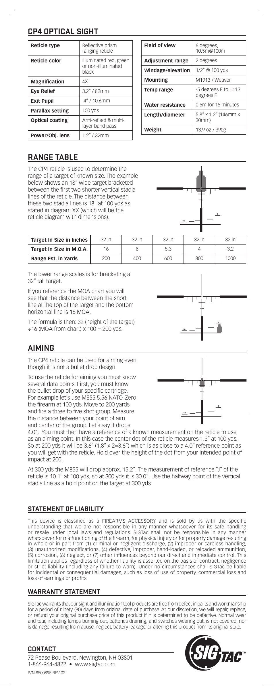 Cp4 optical sight, Range table, Aiming | Statement of liability, Warranty statement, Contact | SIG SAUER CP4 Prismatic Scope User Manual | Page 2 / 2