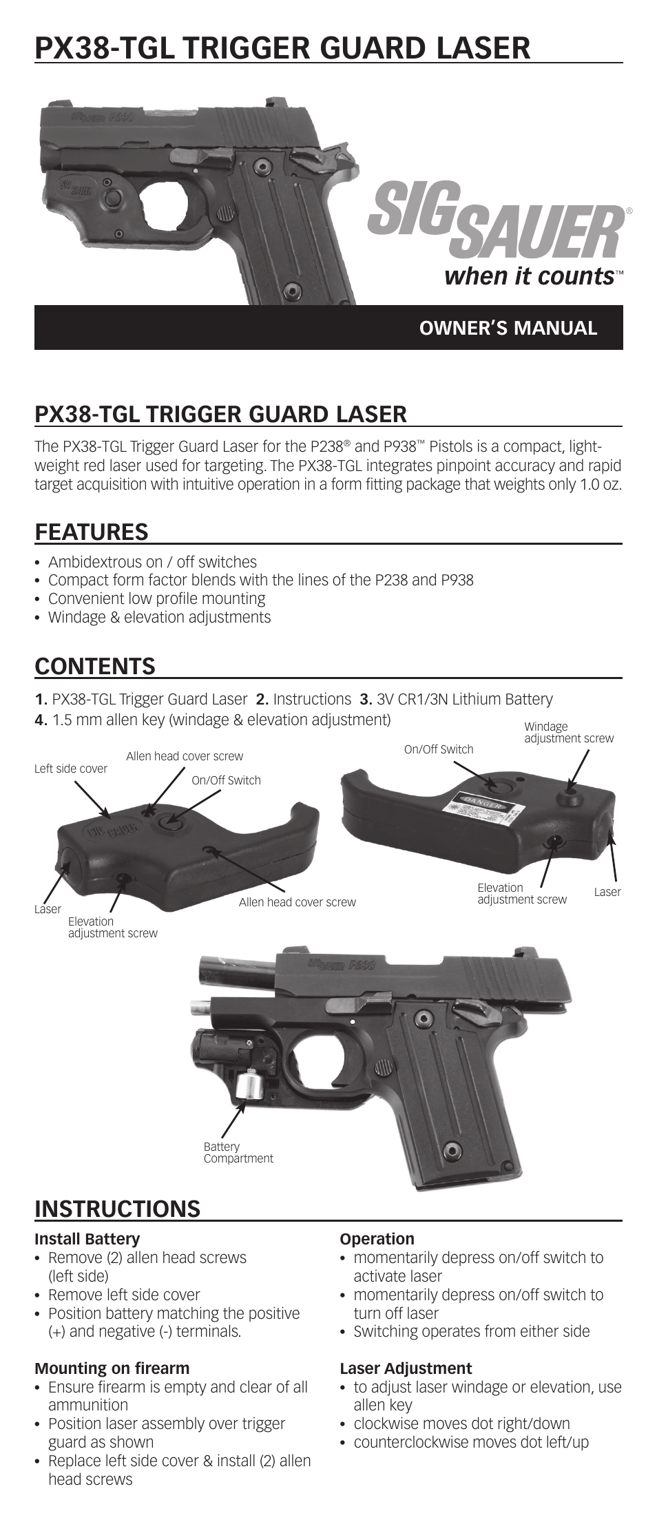 SIG SAUER P238-P938-TGL Trigger Guard Laser User Manual | 2 pages