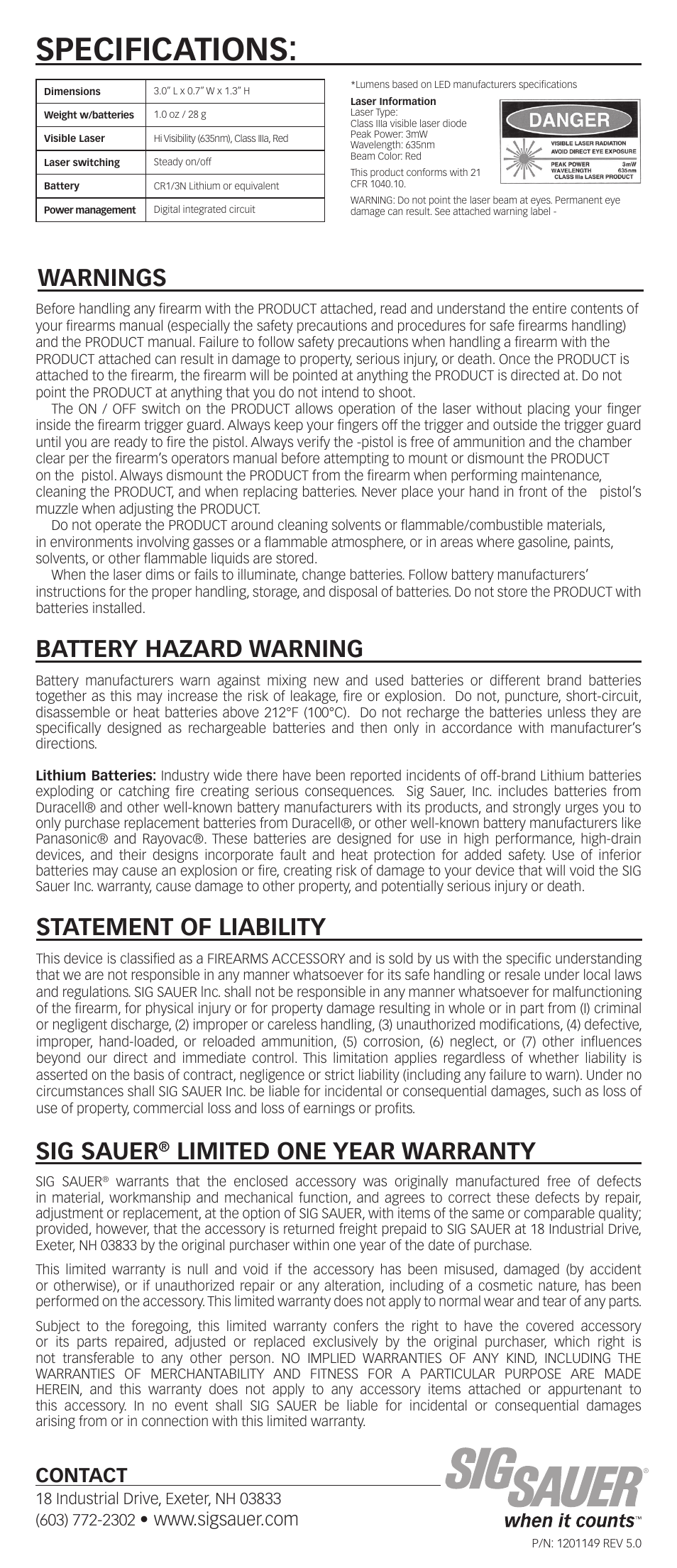 Specifications, Statement of liability, Warnings | Sig sauer, Limited one year warranty, Battery hazard warning, Contact | SIG SAUER P238-P938-TGL Trigger Guard Laser User Manual | Page 2 / 2
