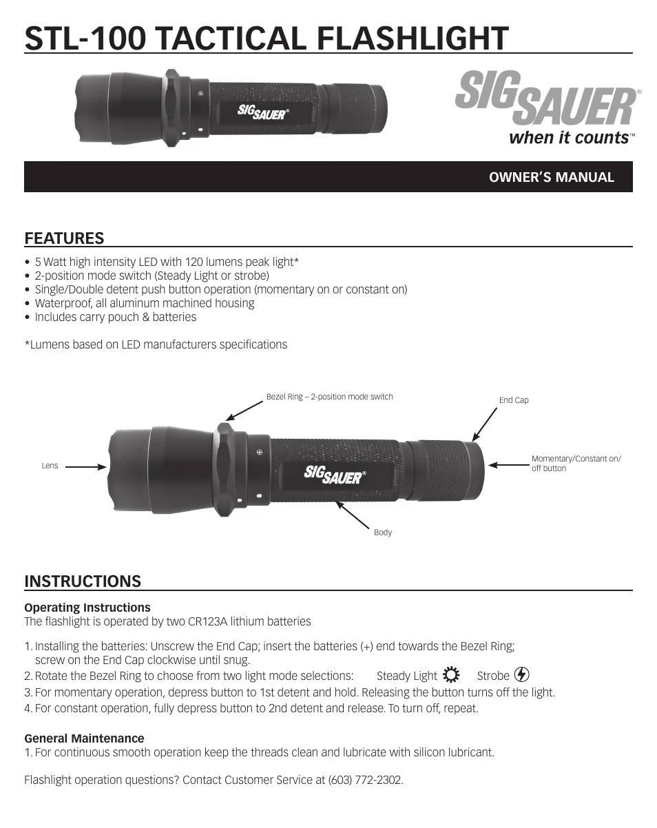 SIG SAUER STL-100 Flashlight User Manual | 2 pages