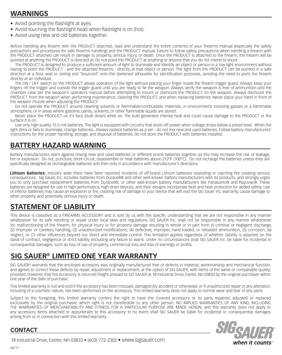 Statement of liability, Warnings, Sig sauer | Limited one year warranty, Battery hazard warning, Contact | SIG SAUER STL-100 Flashlight User Manual | Page 2 / 2