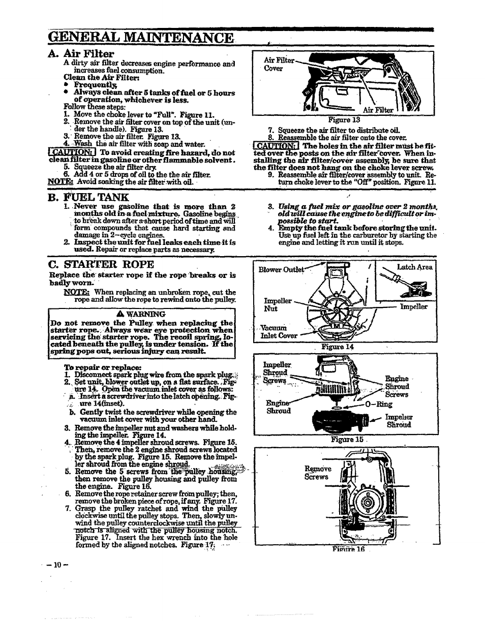 A. air filter, C. starter rope, General maintenance | Craftsman 358.797922 User Manual | Page 10 / 17