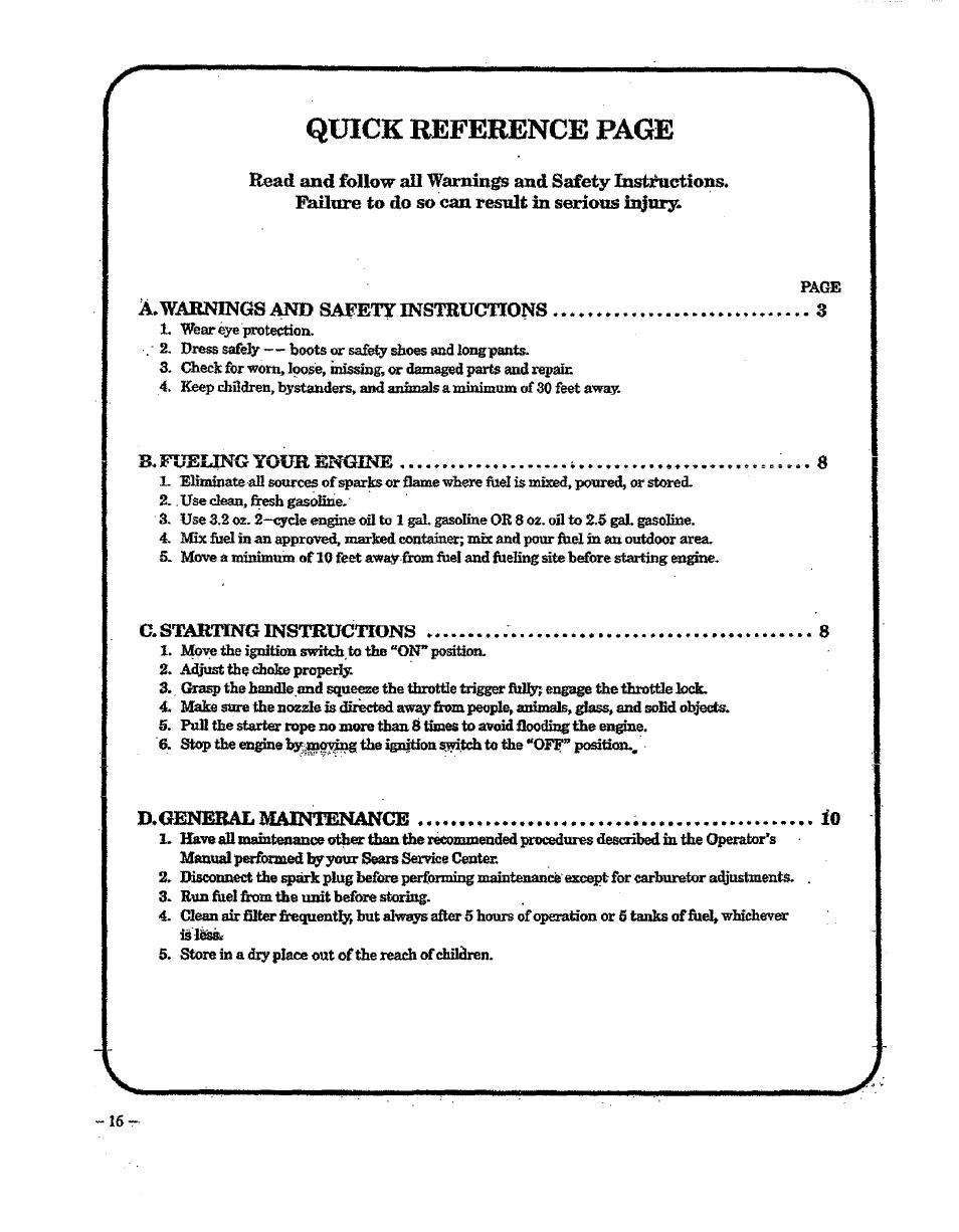 Quick reference page, D.genebal maintenance | Craftsman 358.797922 User Manual | Page 16 / 17