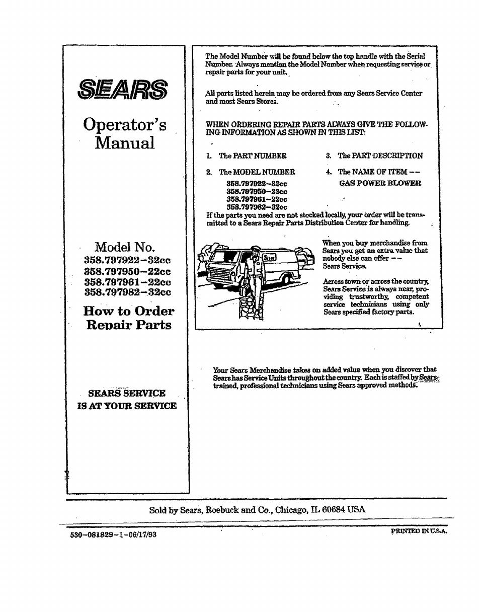 How to order repair parts, Operator’s manual, Model no | Craftsman 358.797922 User Manual | Page 17 / 17