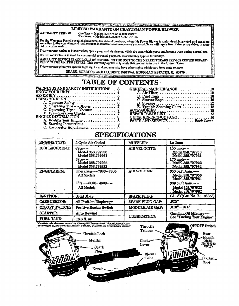 Table op contents, Specifications | Craftsman 358.797922 User Manual | Page 2 / 17