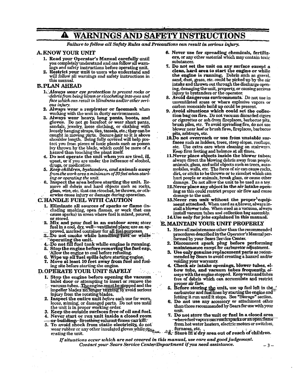 A warnings and safety instructions, E.maintain your unit properly | Craftsman 358.797922 User Manual | Page 3 / 17