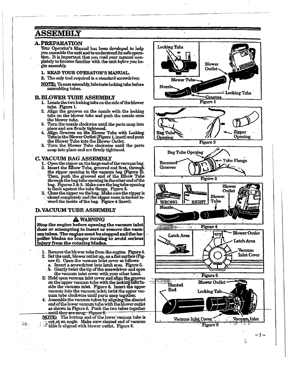 Assembly, B'blower tube assembly, A vacotjm bag assembly | D. vacuum tube assembly awabning | Craftsman 358.797922 User Manual | Page 5 / 17