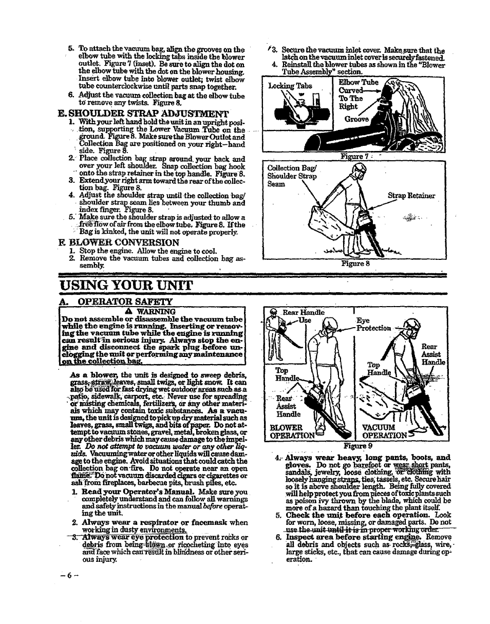E. stouldm strap ^justmeìsìt, E blowek conversion, A. operator safety | Using your unit | Craftsman 358.797922 User Manual | Page 6 / 17