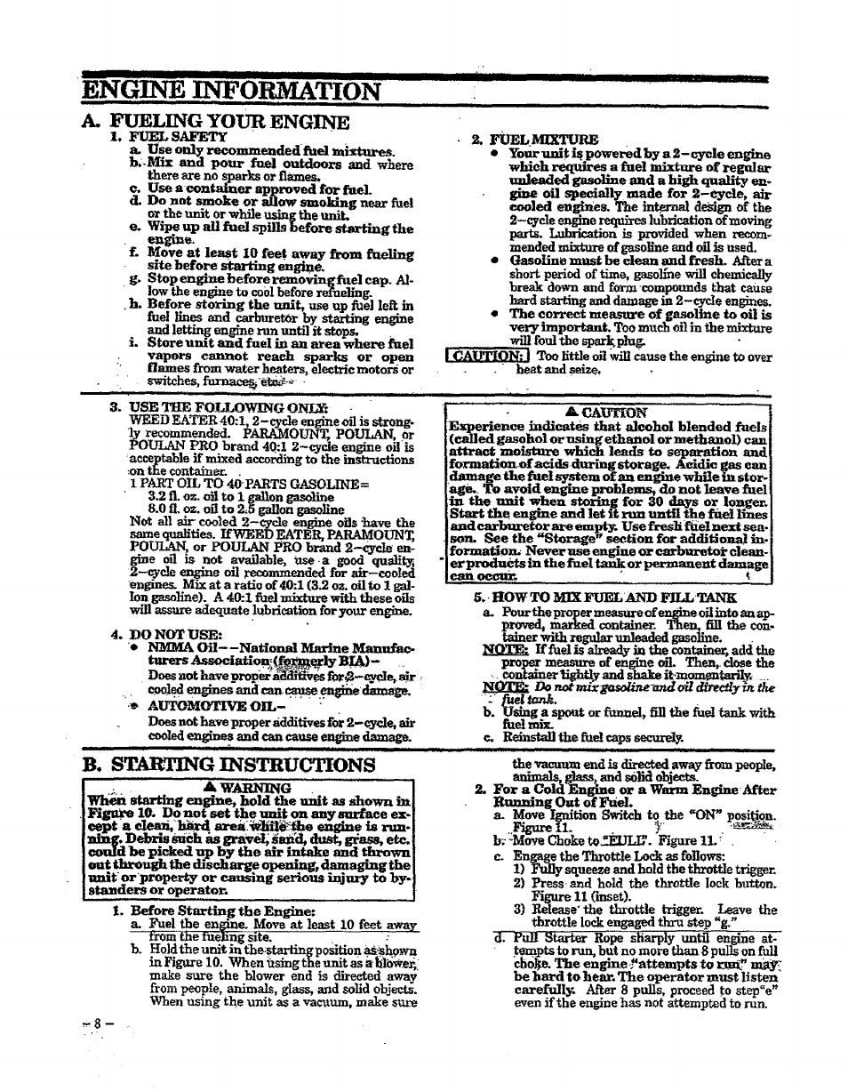 Engtoe information, A. fueling тош engine, B. stàimnginstbttctions | Craftsman 358.797922 User Manual | Page 8 / 17