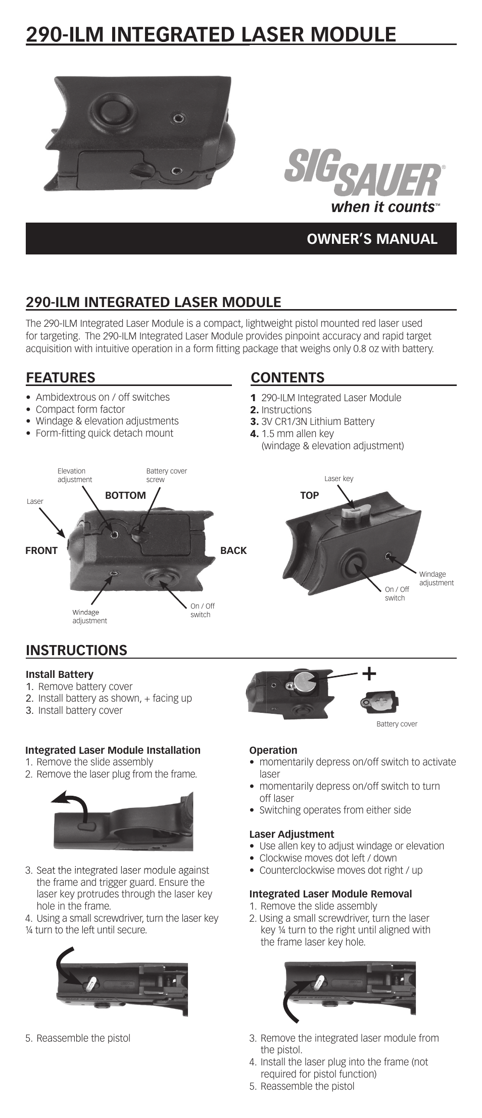 SIG SAUER P290 Integrated Laser Module User Manual | 2 pages