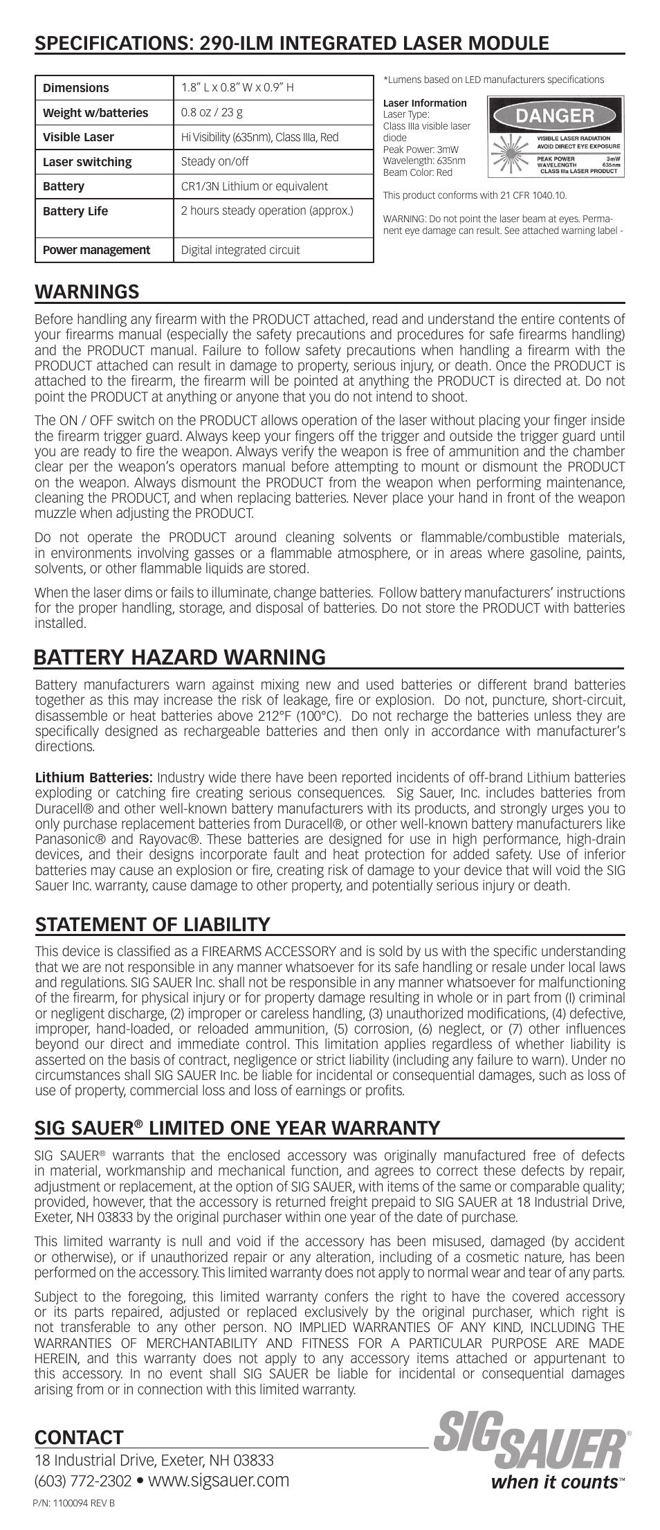 Battery hazard warning, Statement of liability, Specifications: 290-ilm integrated laser module | Warnings, Contact, Sig sauer, Limited one year warranty | SIG SAUER P290 Integrated Laser Module User Manual | Page 2 / 2