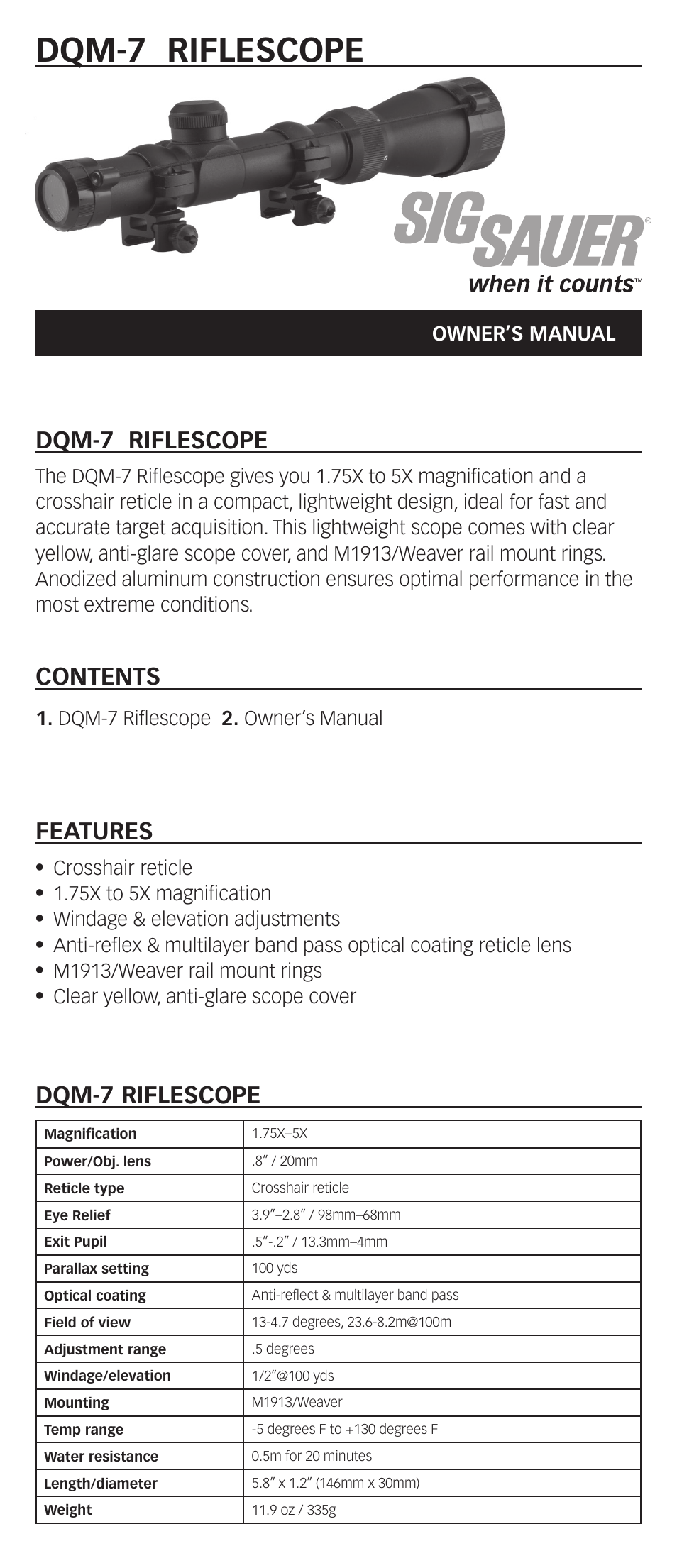 SIG SAUER DQM-7 Rifle scope User Manual | 2 pages