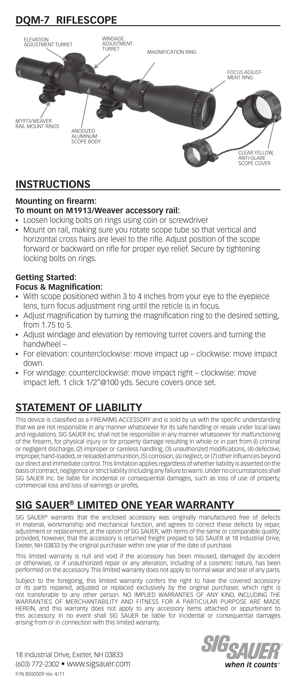 Dqm-7 riflescope, Instructions, Statement of liability | Sig sauer, Limited one year warranty | SIG SAUER DQM-7 Rifle scope User Manual | Page 2 / 2