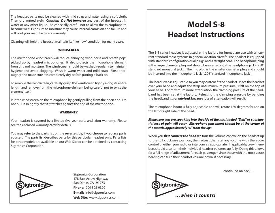 Sigtronics S-8 User Manual | 2 pages