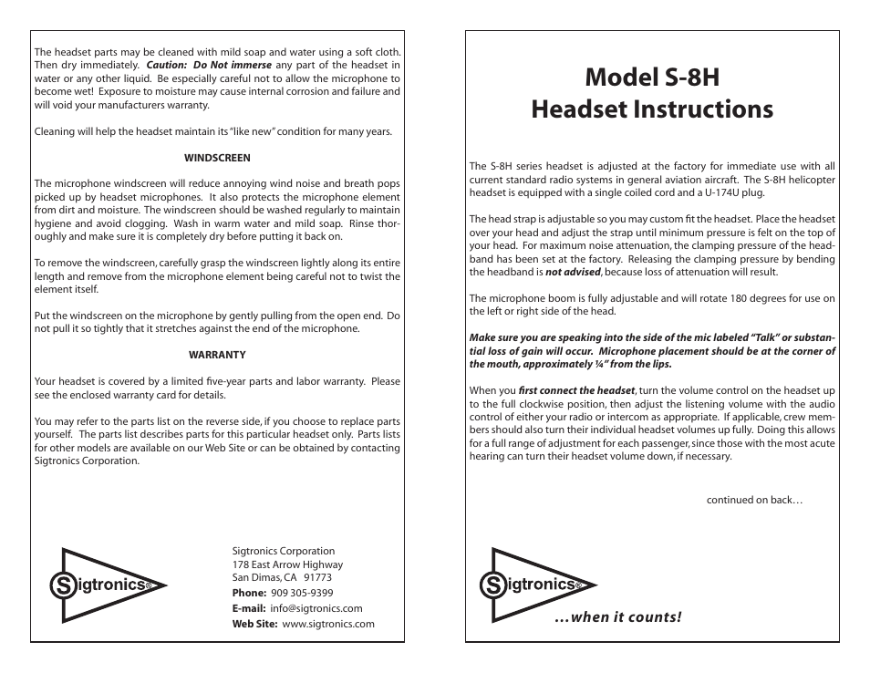 Sigtronics S-8H User Manual | 2 pages