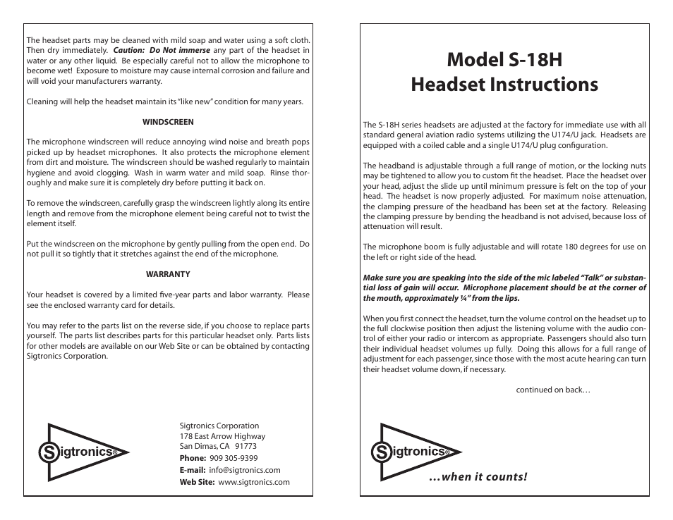 Sigtronics S-18H User Manual | 2 pages