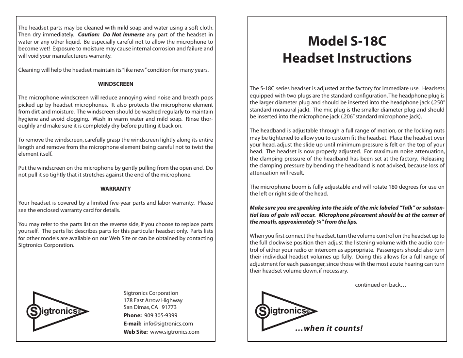 Sigtronics S-18C User Manual | 2 pages