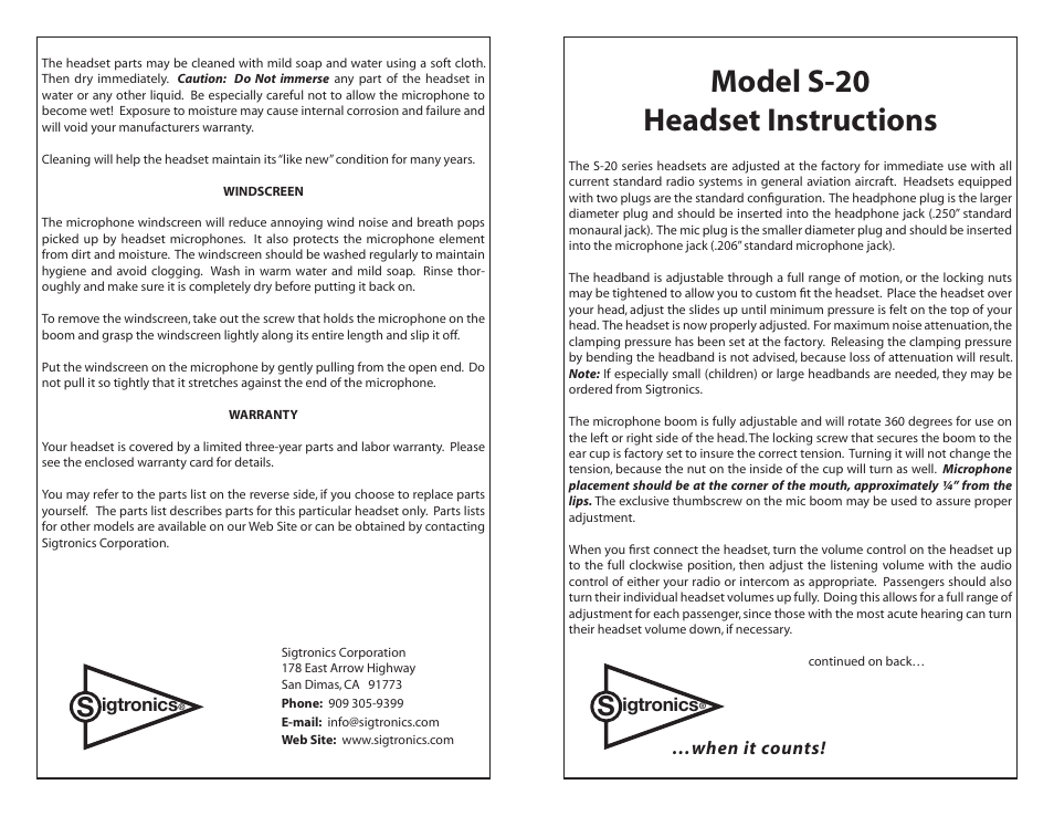 Sigtronics S-20 User Manual | 2 pages