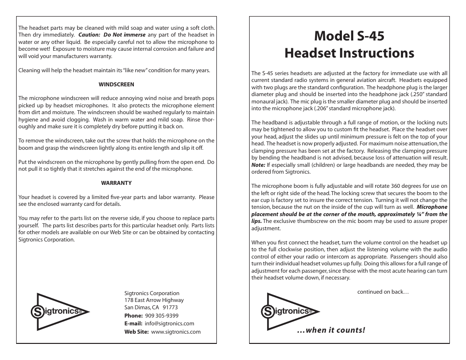 Sigtronics S-45 User Manual | 2 pages