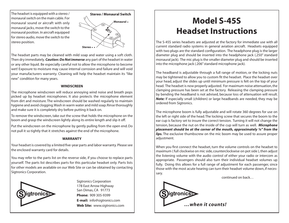 Sigtronics S-45S User Manual | 2 pages