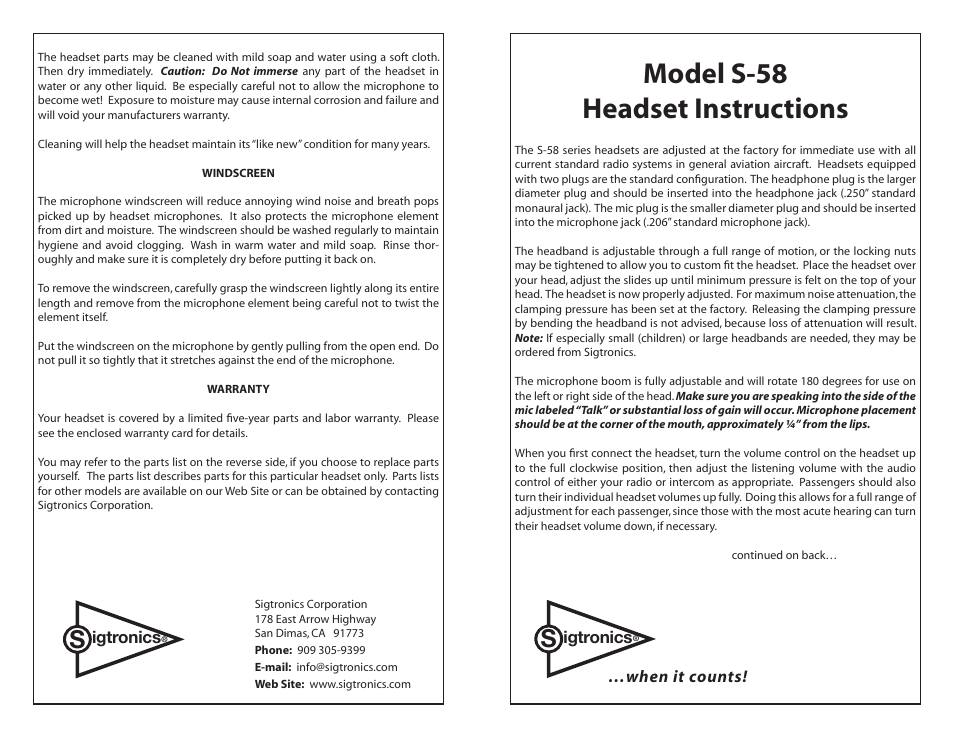 Sigtronics S-58 User Manual | 2 pages