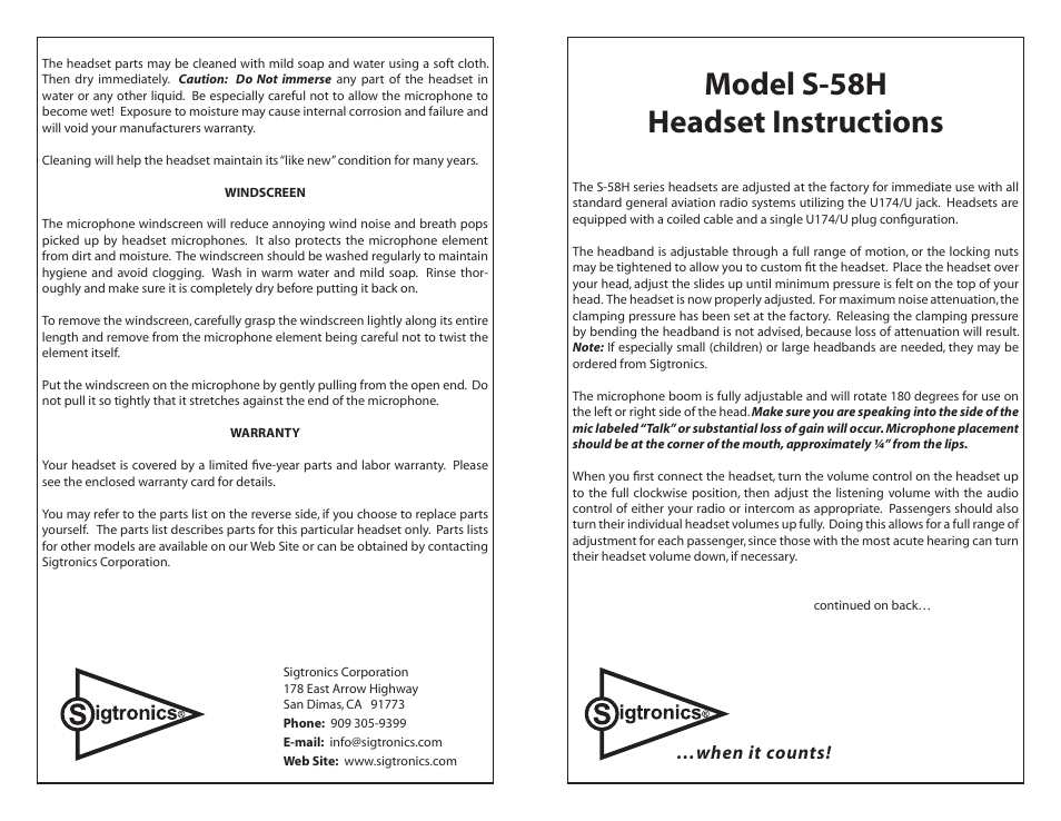 Sigtronics S-58H User Manual | 2 pages