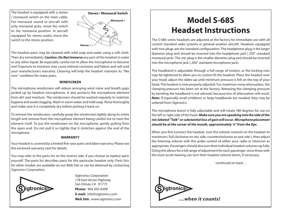 Sigtronics S-68S User Manual | 2 pages