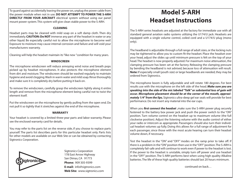 Sigtronics S-ARH User Manual | 2 pages