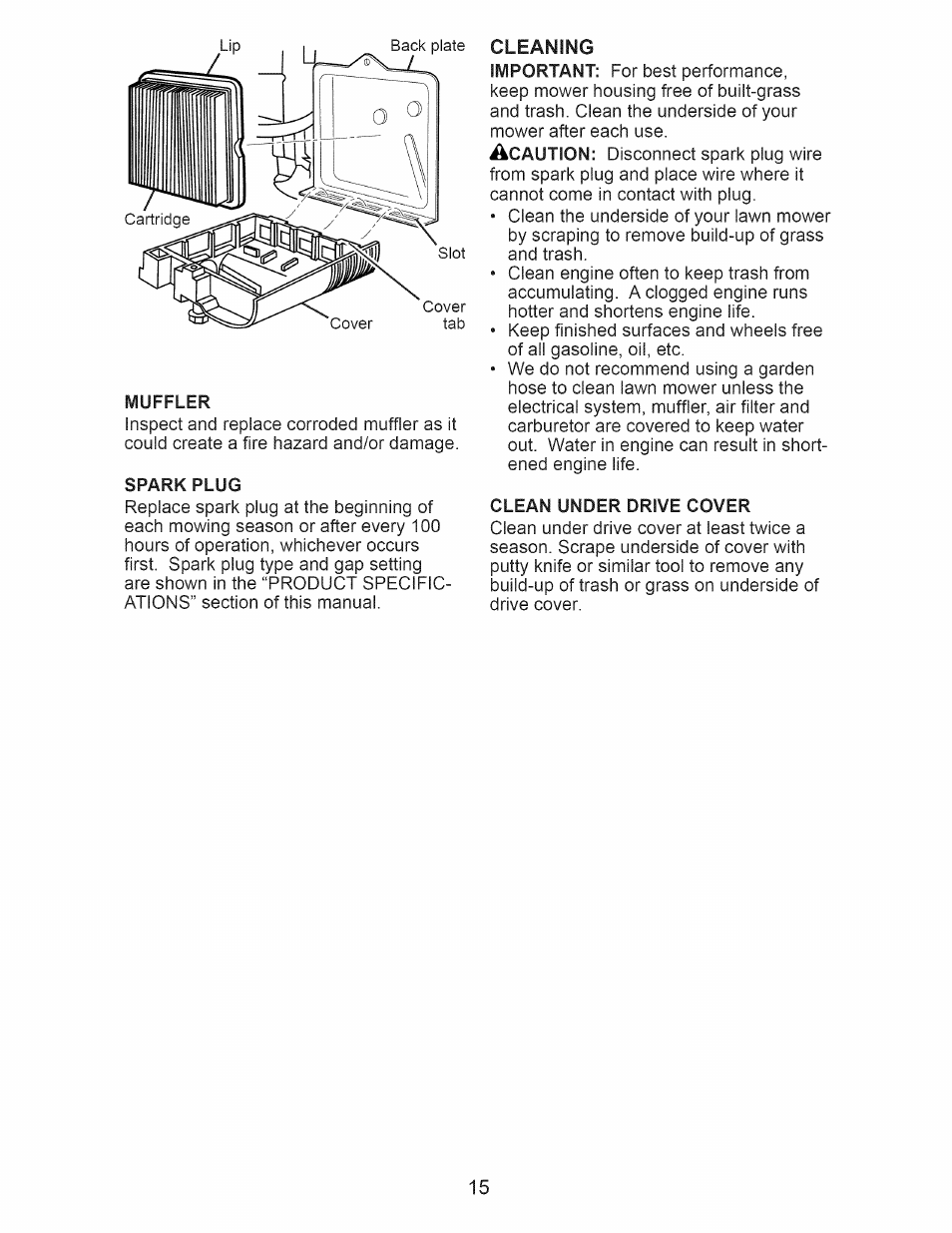 Spark plug, Clean under drive cover | Craftsman 917.370610 User Manual | Page 15 / 48