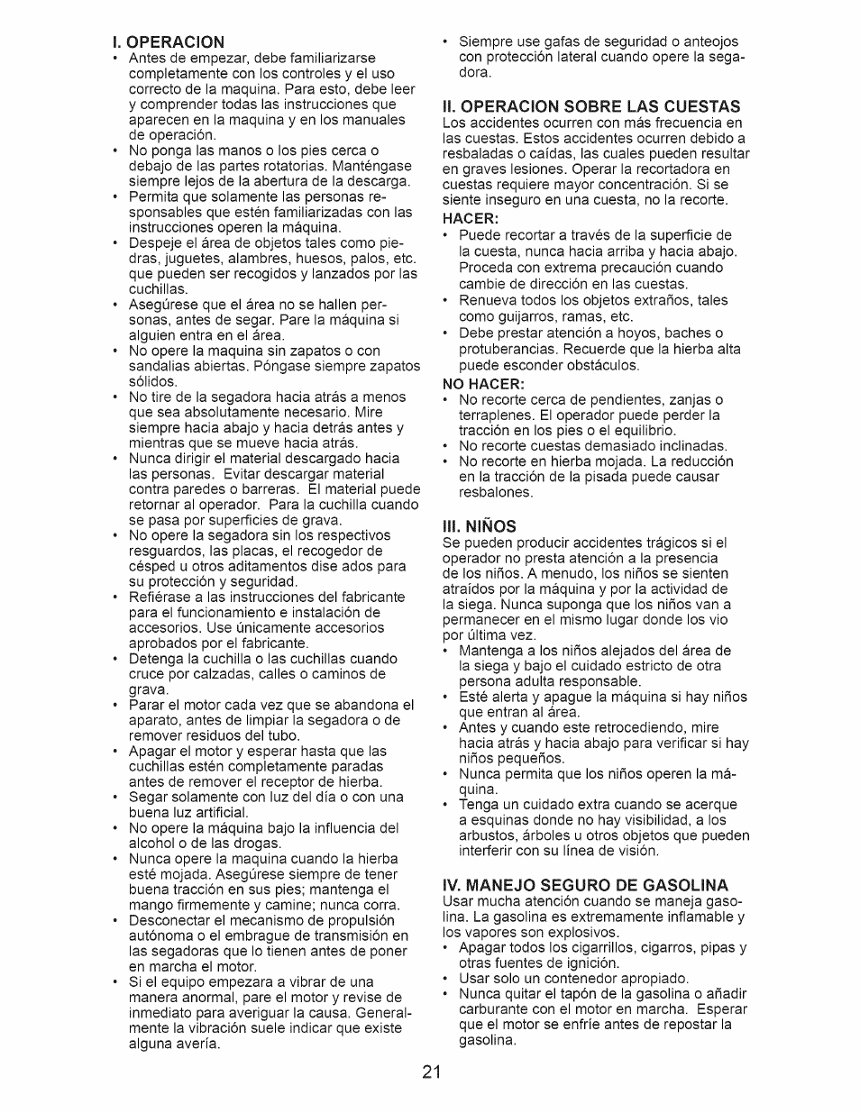 Ii. operacion sobre las cuestas, Iii. niños, Iv. manejo seguro de gasolina | Craftsman 917.370610 User Manual | Page 21 / 48