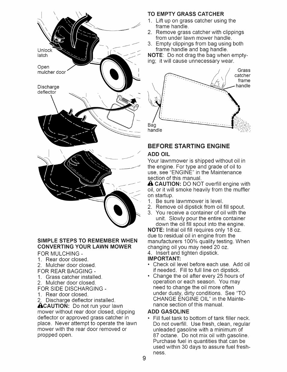 To empty grass catcher, Add gasoline | Craftsman 917.370610 User Manual | Page 9 / 48