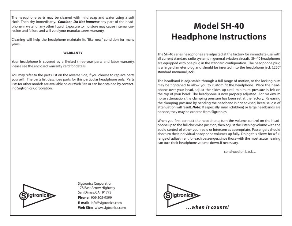 Sigtronics SH-40 User Manual | 2 pages