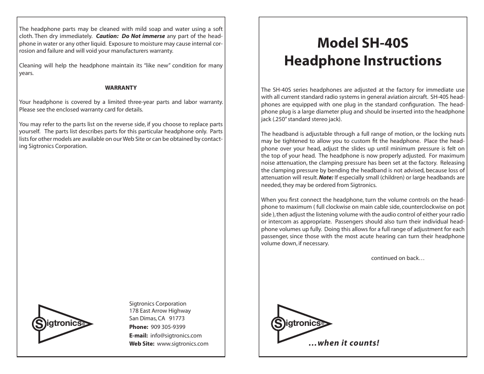 Sigtronics SH-40S User Manual | 2 pages
