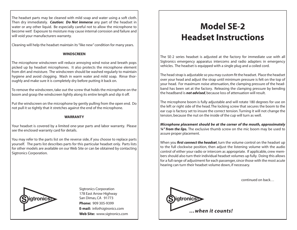 Sigtronics SE-2 User Manual | 2 pages