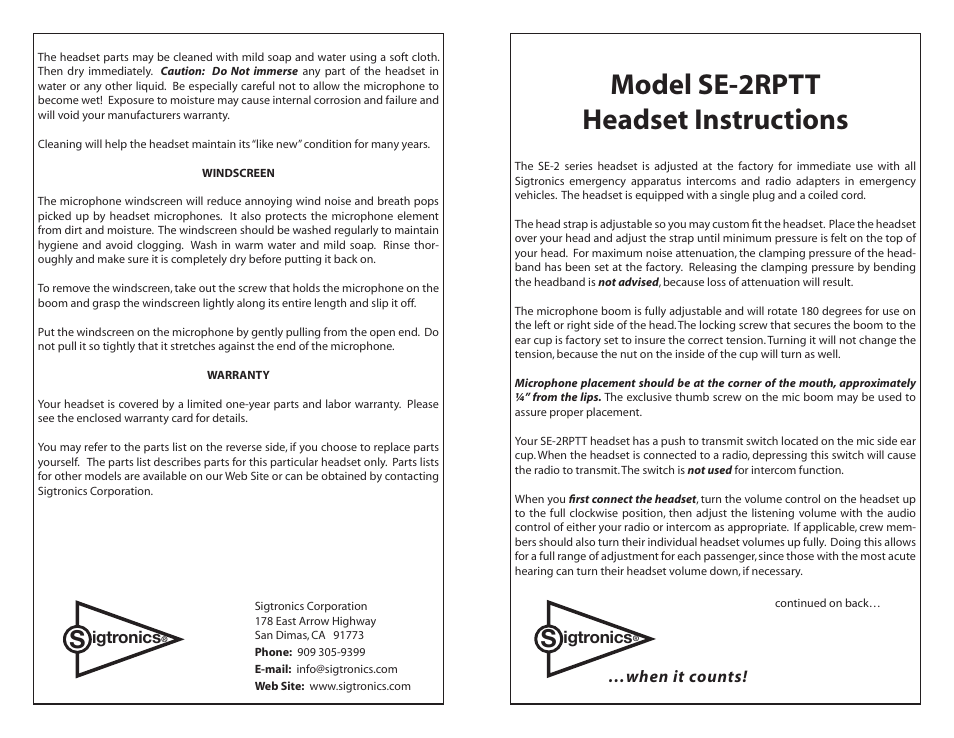 Sigtronics SE-2RPTT User Manual | 2 pages