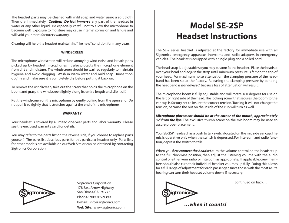 Sigtronics SE-2SP User Manual | 2 pages