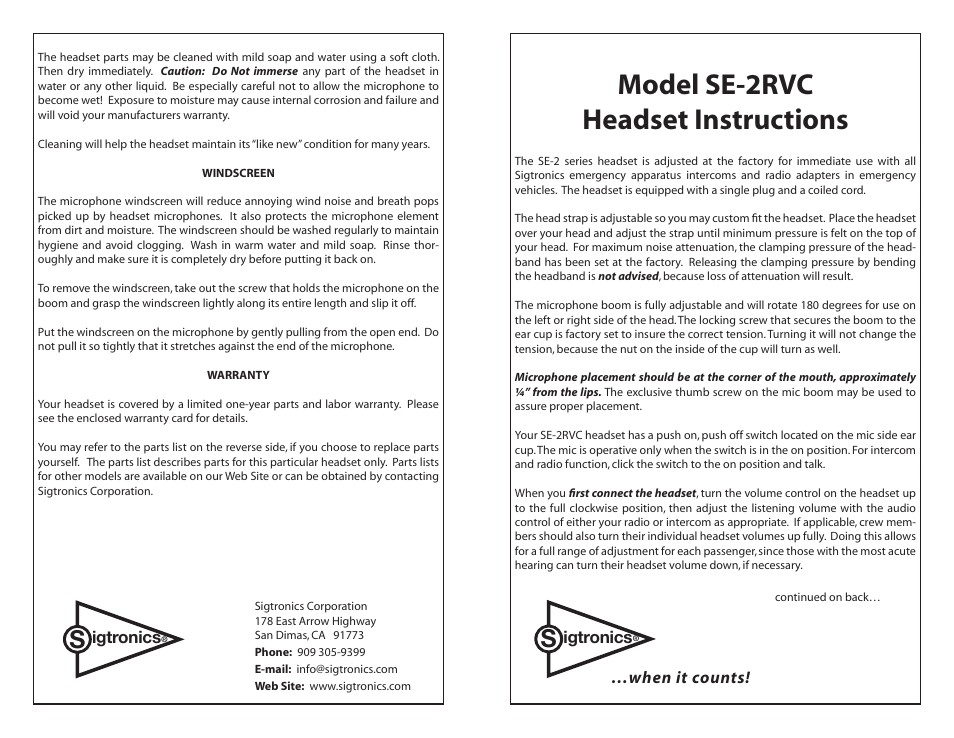 Sigtronics SE-2RVC User Manual | 2 pages