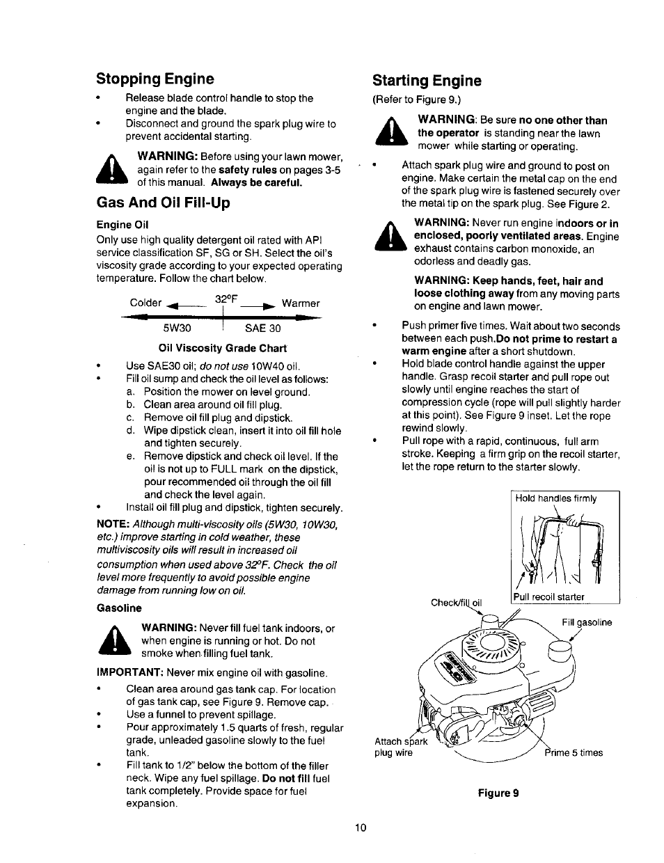 Stopping engine, Gas and oii fill-up, Starting engine | Craftsman 247.388250 User Manual | Page 10 / 26