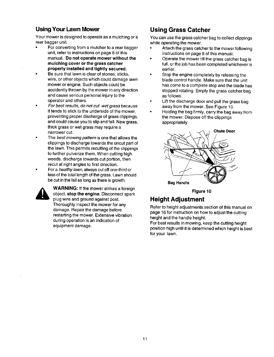 Using your lawn mower, Using grass catcher, Height adjustment | Craftsman 247.388250 User Manual | Page 11 / 26