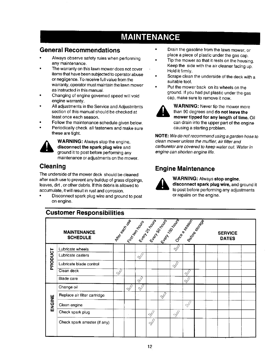 Maintenance, General recommendations, Cleaning | Engine maintenance, Customer responsibilities | Craftsman 247.388250 User Manual | Page 12 / 26