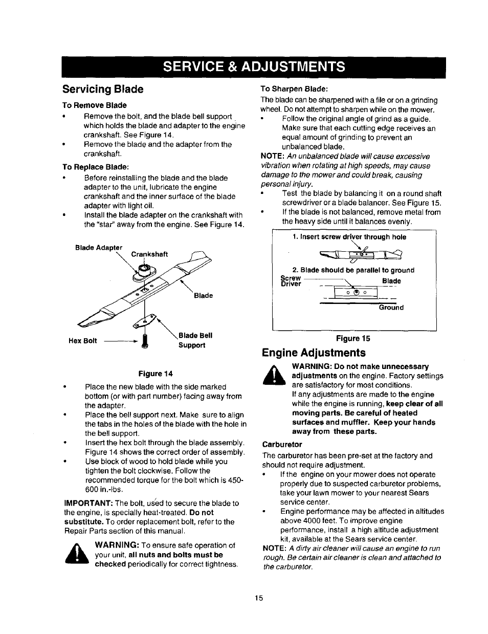 Service & adjustments, Servicing blade, Engine adjustments | Craftsman 247.388250 User Manual | Page 15 / 26