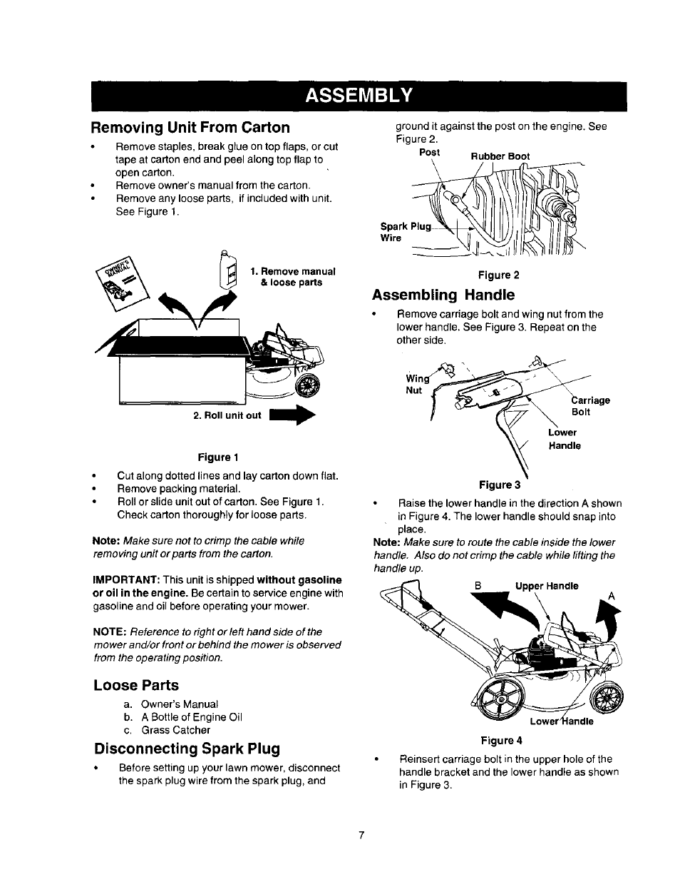 Assembly, Removing unit from carton, Loose parts | Disconnecting spark plug | Craftsman 247.388250 User Manual | Page 7 / 26