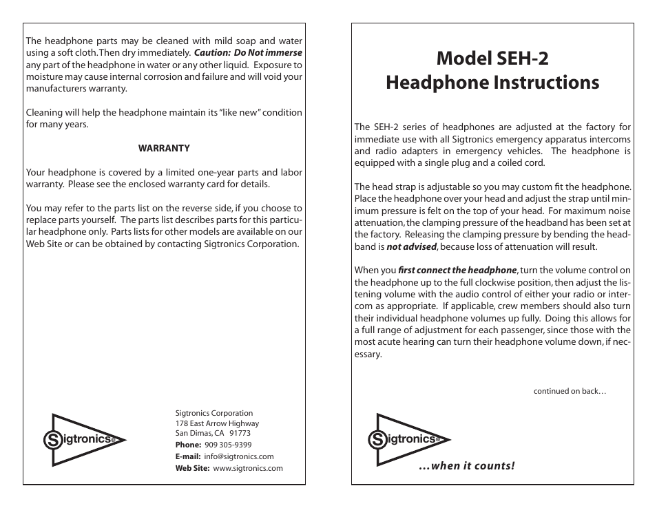 Sigtronics SEH-2 User Manual | 2 pages