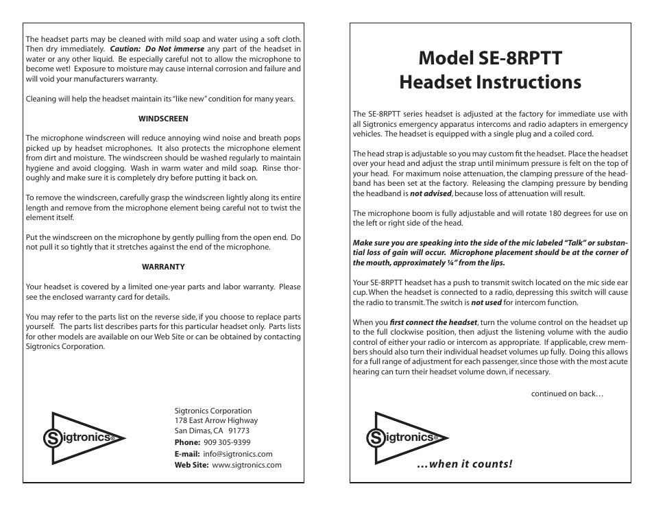 Sigtronics SE-8RPTT User Manual | 2 pages