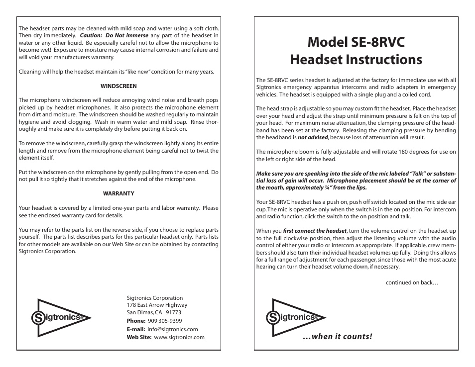 Sigtronics SE-8RVC User Manual | 2 pages