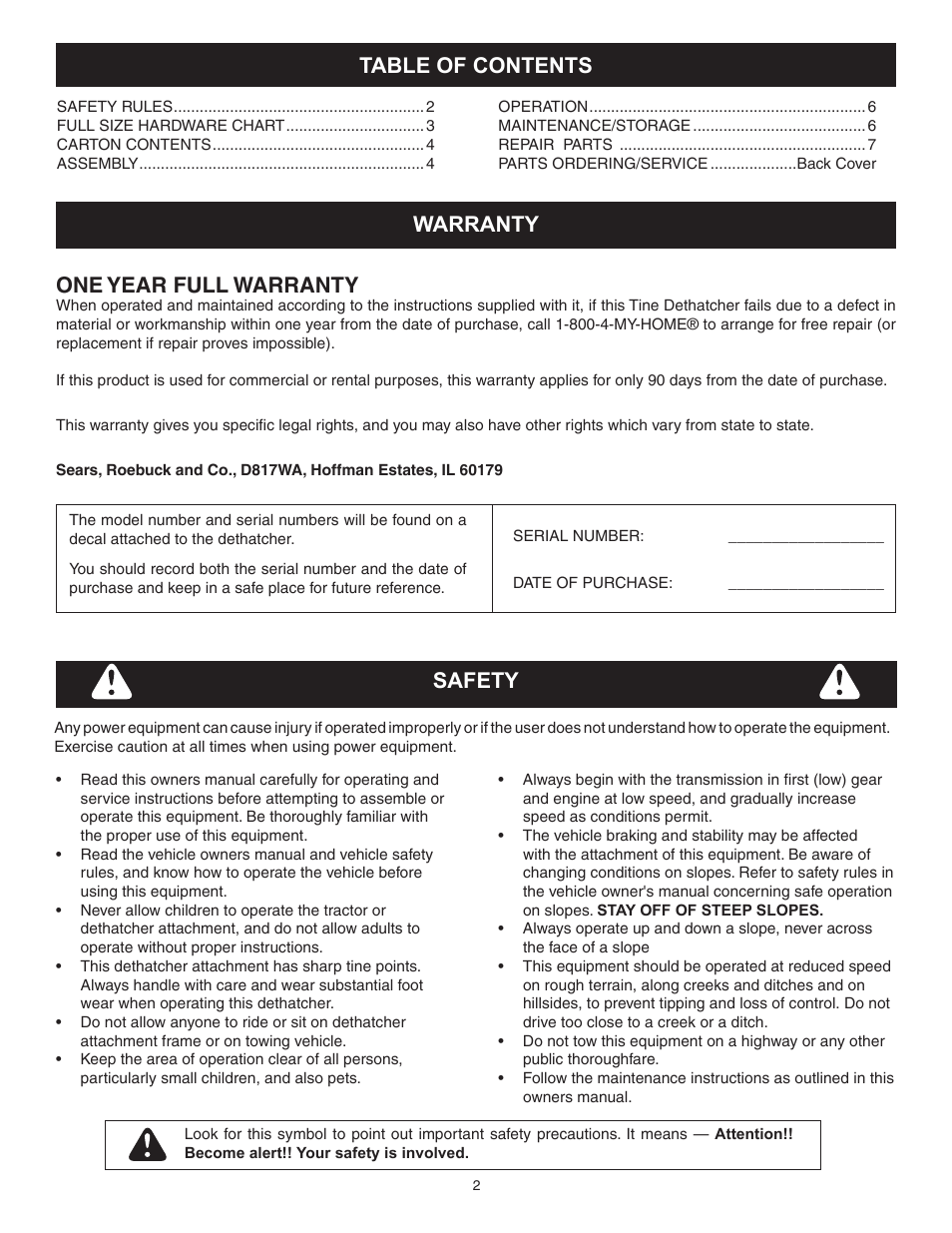 Table of contents warranty one year full warranty, Safety | Craftsman 486.24316 User Manual | Page 2 / 8
